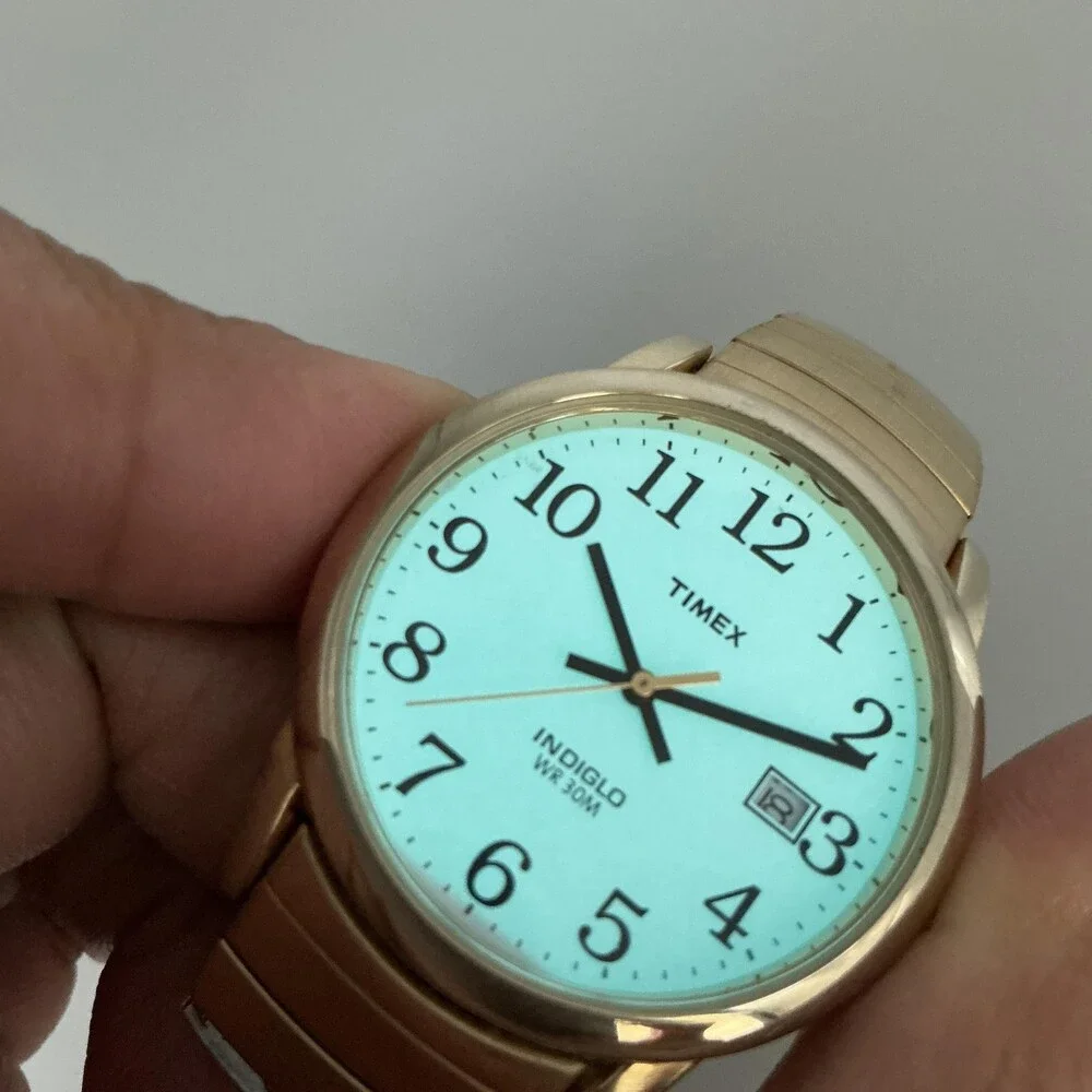 Timex Indiglo WR 30M Mens Watch 35mm Gold Tone Date Stretch New Battery